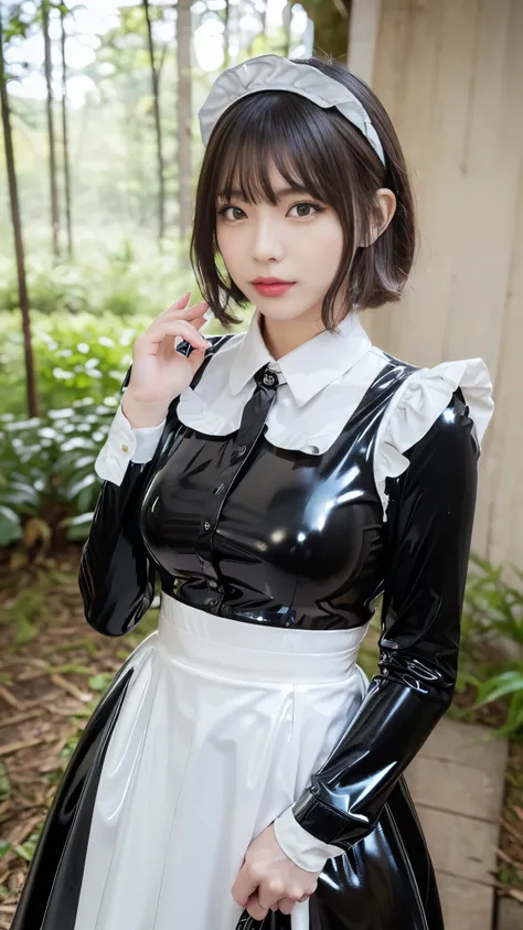 portrait,((photo of a woman wrapped in a shiny latex maid dress)),(masterpiece, best quality , ultra fine),highly detailed CG,( short haired bob style bang ) ,(Eye makeup for long eyelashes),(( very beautiful Japanese women)),((latex maid headband)),((Shin...