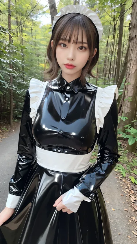 portrait,((photo of a woman wrapped in a shiny latex maid dress)),(masterpiece, best quality , ultra fine),highly detailed CG,(Eye makeup for long eyelashes),(( very beautiful Japanese women)),((latex maid headband)),((Shiny black latex long sleeve shirt))...