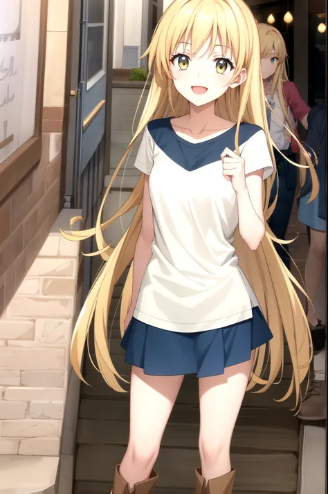 1girl, standing (Anatomically Correct body 1.6 ) Blonde anime girl with long hair of (yellow eye navy blue t-shirt and light blue skirt (color) And brown boots 1.6) Happy face with smiling and crazy eyes