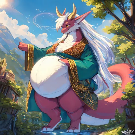 4k ultfigurelity, (4k half body view:1.0),ultra high detailed body,feral dragon,(cute face:1.3),pink fur,golden eyes,white belly fur,white hair,long hair,enormous body,(small head:1.3),side view,by Zackary911,drawn in the style of Akira Toriyama, animated ...