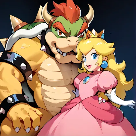 two characters, Bowser wearing royal crown on head:1.3, menacing grin,  muscular turtle-like monster, princess peach standing front of him,  smiling joyfully, pink dress with blonde hair, both looking directly at viewer, dramatic lighting, high detail, vib...