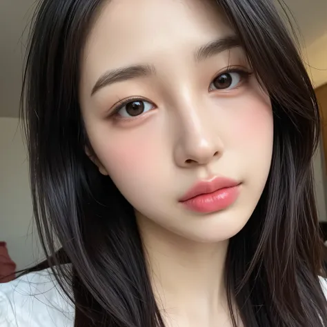 a hyper-realistic selfie of a stunningly beautiful Korean female idol, soft diffused natural light, perfect skin texture with light pores and slight glow, deep expressive eyes with catchlights, natural glossy lips, long silky black hair, slightly tousled, ...