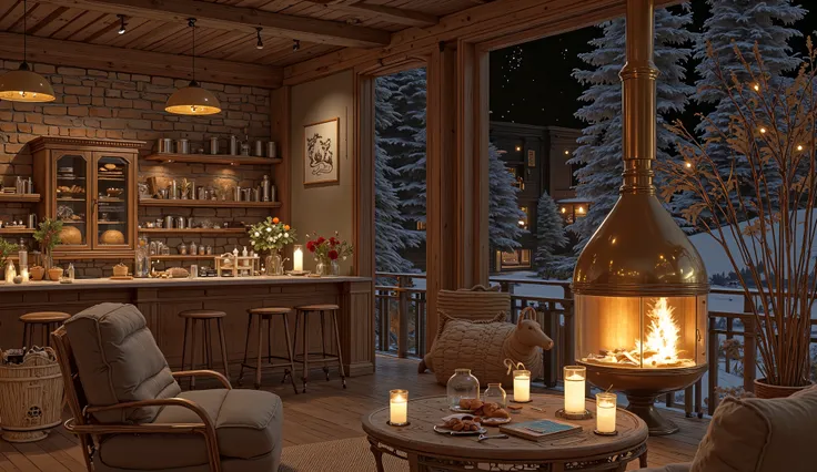 Cozy cabin with fireplace, không có cây Giáng sinhThe scene depicts a Cozy cabin with fireplace, without a rustic cafe Christmas tree, overlooking a beautiful lake .
The interior has a wooden counter , on which a shiny metal coffee pot shines , symbo...