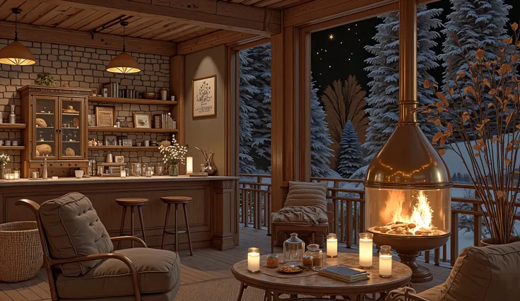Cozy cabin with fireplace, không có cây Giáng sinhThe scene depicts a Cozy cabin with fireplace, without a rustic cafe Christmas tree, overlooking a beautiful lake .
The interior has a wooden counter , on which a shiny metal coffee pot shines , symbo...