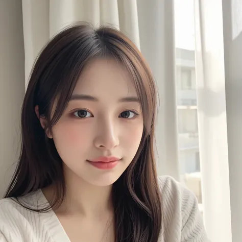 a dreamy hyper-realistic selfie of a stunning Korean idol standing in front of white curtains with morning sunlight streaming in, soft light wrapping around her flawless skin, slight head tilt, sleepy yet gentle candid smile, minimal makeup, tousled long h...