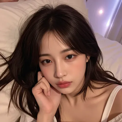 a hyper-realistic iPhone 14 Pro selfie of a Korean idol lying on her bed listening to cassette music, deep eyes closed in emotional expression, warm ambient lighting, soft glow on perfect skin with light pores, long tousled hair spread over a pillow, natur...