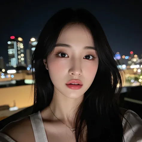 a stunning hyper-realistic selfie of a Korean idol on a rooftop at night, city lights creating beautiful bokeh in the background, soft wind tousling her silky black hair, emotional eyes filled with wonder, light glow on flawless skin, slight head tilt, war...