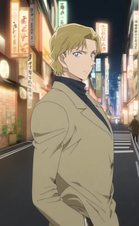 1male,solo,Johan Liebert,blond hair,short hair,middle parted hair,blue eyes,greeb beige suit,black turtleneck,tokyo,night,Detective Conan Style,villain boss,
