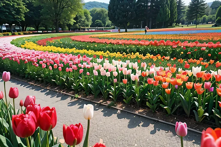arafed field of colorful tulips and other flowers in a park, 幻想的なFlower Field, Flower Fields, field of flowers, Flower Garden, Flower Field, Flower Field, an aesthetic field of flowers, field of flowers background, by Kaii Higashiyama, by Nakayama Tadashi,...
