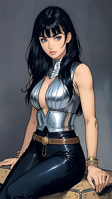 A beautiful woman with long shiny black hair, choppy bangs, a delicate face, a cold proud gaze, a fit figure, a fantasy-style high-necked leather breastplate top, sleeveless, exposes her waist, a bracelet adorns her wrist, tight-fitting leather pants, her ...