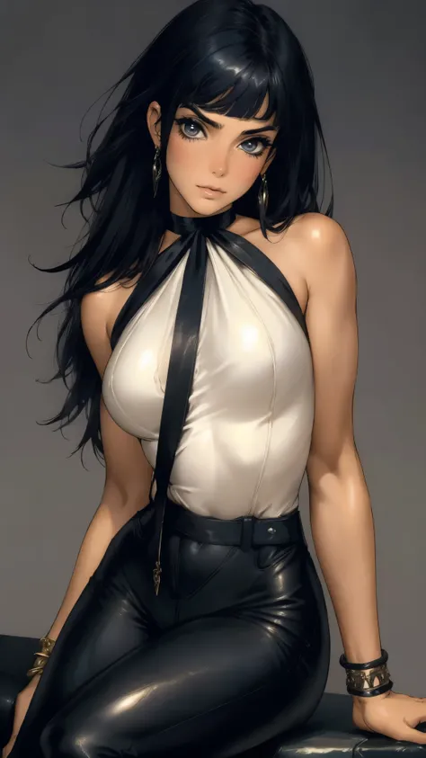 A beautiful woman with long shiny black hair, choppy bangs, a delicate face, a cold proud gaze, a fit figure, a fantasy-style high-necked leather breastplate top, sleeveless, exposes her waist, a bracelet adorns her wrist, tight-fitting leather pants, her ...