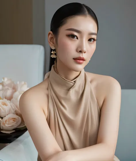 super realistic, high quality, a close up of a woman sitting on a couch wearing a dress, gorgeous chinese model, li bingbing, cindy avelino, ruan jia beautiful!, queen of the sea mu yanling, xintong chen, wenfei ye, gongbi, bian luan, yun ling, mingchen sh...