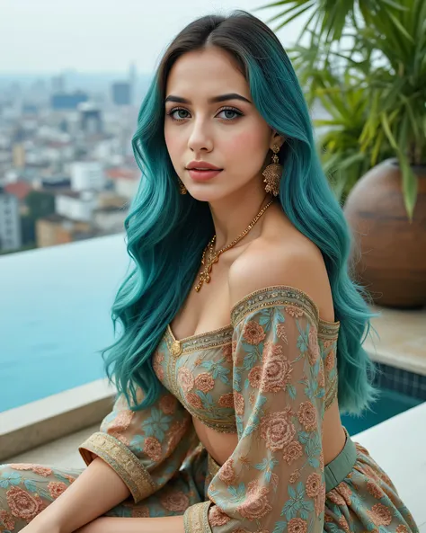 A full body sitting Photo of A stunningly beautiful adult White European woman stands out in every crowd—a mysterious blend of East and West. Her long, sky-blue hair flows like silk, a bold contrast to her sharp jawline and delicate, elongated nose. Her ca...