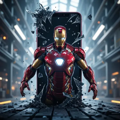 Create a hyper-detailed, realistic image of Iron Man forcefully emerging from a shattered smartphone screen, with the background of a vast, modern factory. Depict the smartphone as a high-end, sleek device with a completely shattered screen, the cracks rad...