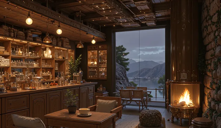 Cozy cabin with fireplace, không có cây Giáng sinhThe scene depicts a Cozy cabin with fireplace, rustic cafe, overlooking a beautiful lake, The interior has a wooden counter, on which a shiny metal coffee pot shines, symbolism of the art coffee floor and w...