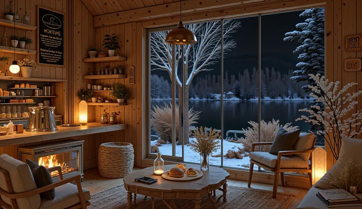 Cozy cabin with fireplace, không có cây Giáng sinhThe scene depicts a Cozy cabin with fireplace, without a rustic cafe Christmas tree, overlooking a beautiful lake .
The interior has a wooden counter , on which a shiny metal coffee pot shines , symbo...