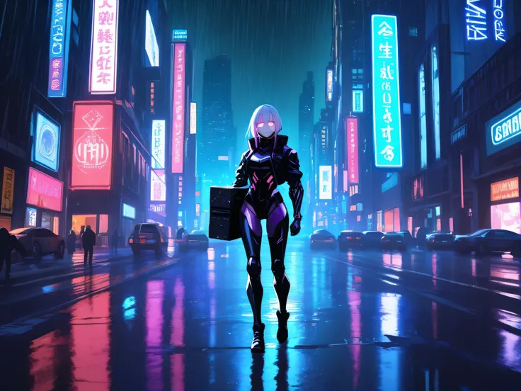 Anime-style female cyborg standing in a neon-lit cyberpunk city at night, carrying heavy futuristic firearms. She has metallic limbs, glowing cybernetic eyes, wearing a black and purple armored suit. The background features tall skyscrapers, holographic bi...