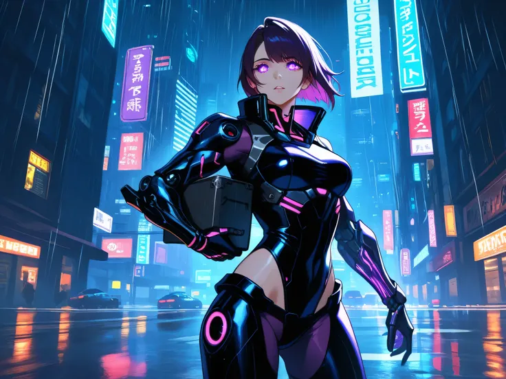 Anime-style female cyborg standing in a neon-lit cyberpunk city at night, carrying heavy futuristic firearms. She has metallic limbs, glowing cybernetic eyes, wearing a black and purple armored suit. The background features tall skyscrapers, holographic bi...
