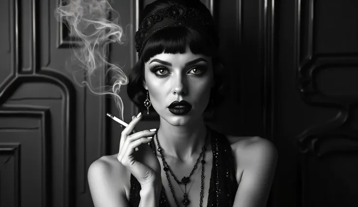 A stylish woman smoking a cigarette, exhaling elegant swirling smoke, close-up shot focusing on her face, wearing a vintage 1920s flapper dress with elegant accessories, monochrome black and white, high contrast lighting, cinematic noir style, art deco aes...