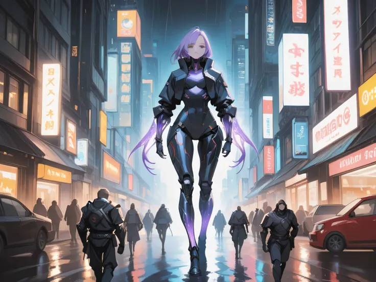 Anime-style female cyborg standing in a neon-lit cyberpunk city at night, carrying heavy futuristic firearms. She has metallic limbs, glowing cybernetic eyes, wearing a black and purple armored suit. The background features tall skyscrapers, holographic bi...