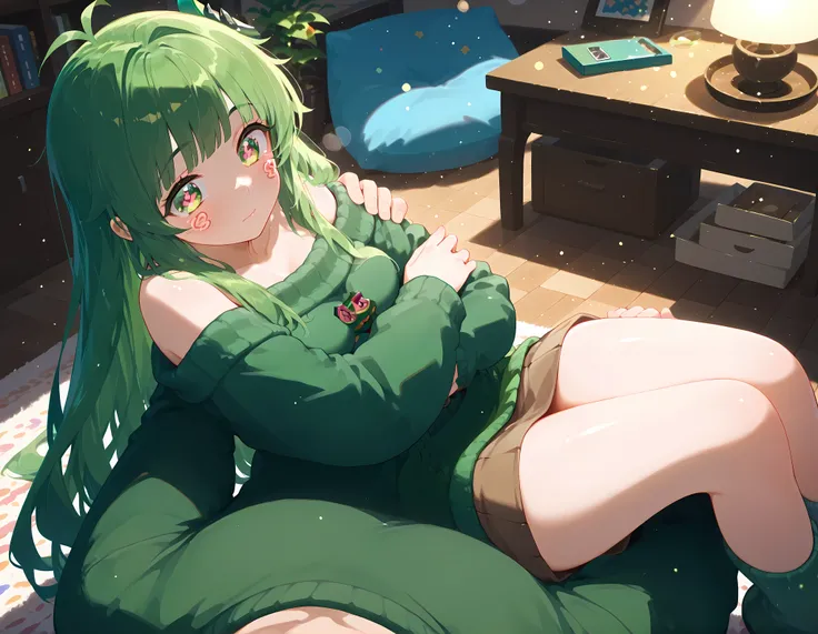 best quality, 1girl, (masterpiece, best quality), 1girl, Vannamelon, full body view, indoors, green eyes, green hair, long hair, green off shoulder sweater, sweater over the skirt, green pencil skirt, 1boy, pov, p0vpr1nc4rry, princesscarrypose, carrying pe...