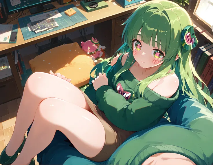 best quality, 1girl, (masterpiece, best quality), 1girl, Vannamelon, full body view, indoors, green eyes, green hair, long hair, green off shoulder sweater, sweater over the skirt, green pencil skirt, 1boy, pov, p0vpr1nc4rry, princesscarrypose, carrying pe...