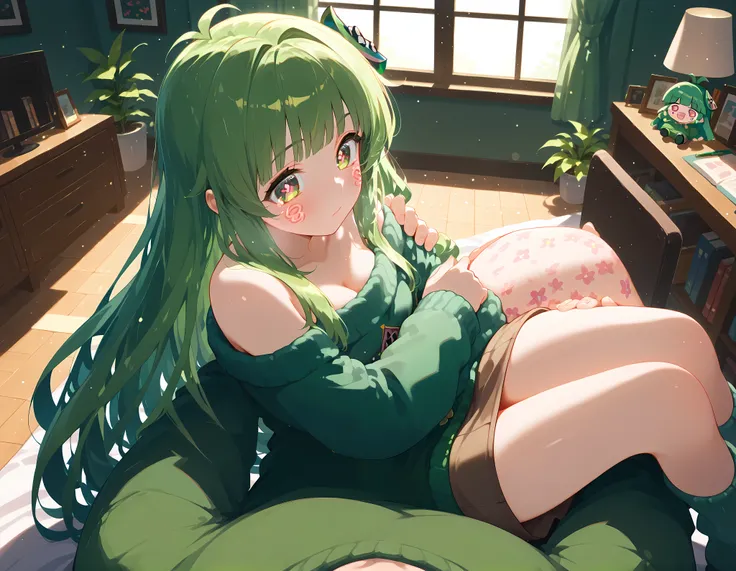 best quality, 1girl, (masterpiece, best quality), 1girl, Vannamelon, full body view, indoors, green eyes, green hair, long hair, green off shoulder sweater, sweater over the skirt, green pencil skirt, 1boy, pov, p0vpr1nc4rry, princesscarrypose, carrying pe...