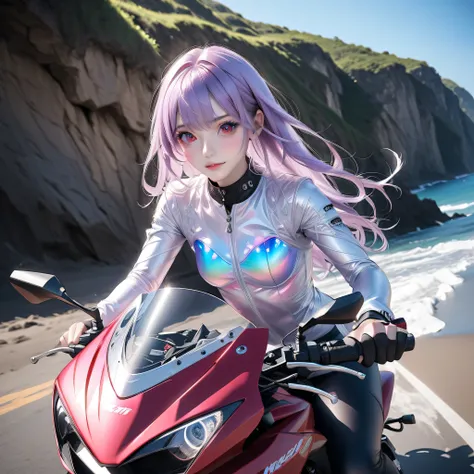 (Highest quality, 8K, highest resolution, amazing, ultra-realistic)), ((Bra visible through clothes)), ((Heterochromia, red eyes, blue eyes)), ((Sparkling, detailed depiction of eyes)), ((Crystal-like eyes)), (Long wavy platinum and purple hair), Hime cut,...