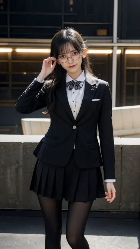 1 girl, ((high school students)), ((blazer uniform)),((full body)), ((wears stylish black-rimmed glasses)),((wearing black tights)),((Walking around Harajuku)),masterpiece, Highest Quality, Highest Quality, Movie Lighting, ( Stereo lighting ), extremely de...