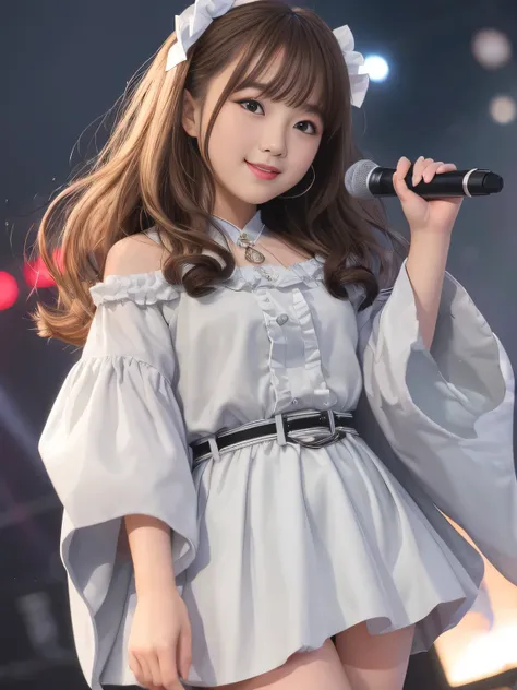 (Highest Quality)、masterpiece、hyperrealism、highlights are great、vibrant festival stage、Sing live 、idol、A sea of penlights、 holding a microphone in their hands、Sexy woman、lustrous brown hair 、middle twin tail、circlet、cute、Red lips、Laughter 、idolドレス、 white p...