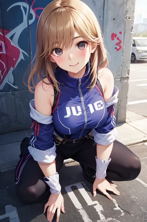 JULIET SLEEVE, sweated, ＪＫ, smile, (high image quality, high definition), full body, perfect lighting, Bright Eyes and Delicate, Beautiful Face, which add a touch of glamour to her attire. with concrete structures and graffiti visible in the distance, In t...