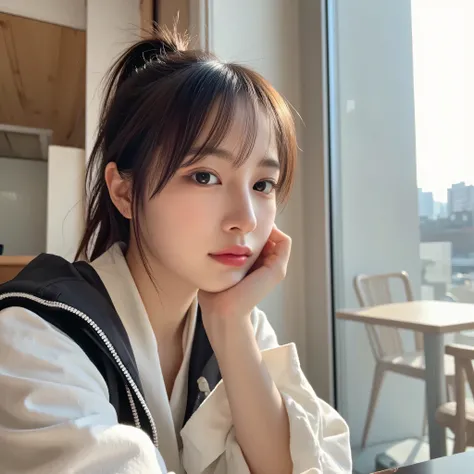a hyper-realistic selfie of a stunning Korean female idol sitting by a sunlit café window, resting her chin on her hand, soft morning light on her face, minimalistic background, subtle bokeh, slight head tilt, taken with iPhone 14 Pro