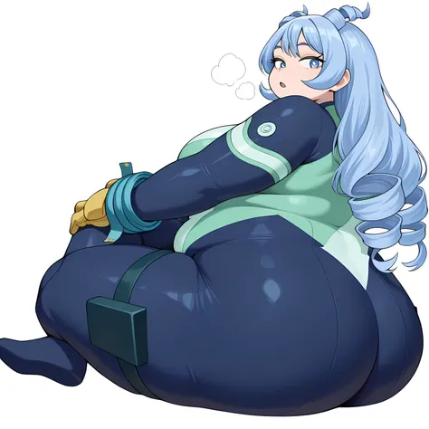 nejir3, blue eyes, blue hair, long hair, hair down back, twin drills, hair horns,
nejir3her0, blue bodysuit, green bodysuit, multicolored bodysuit, thigh straps, yellow gloves, blue arm coils, blue spiral wrist straps, 
full body, cowboy shot, looking at v...