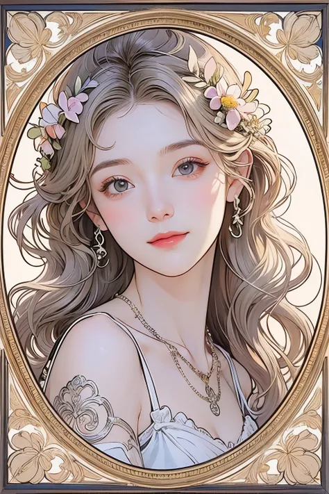 (Oil painting of a young and beautiful woman), striking portrait, pursuit of beauty, (Calm and gentle girlish smile), ((Nearly straight medium-length blonde silver-gray hair)), (Close-up), (Simple, urbane, soft-colored shirt), Bright primary colors used pa...