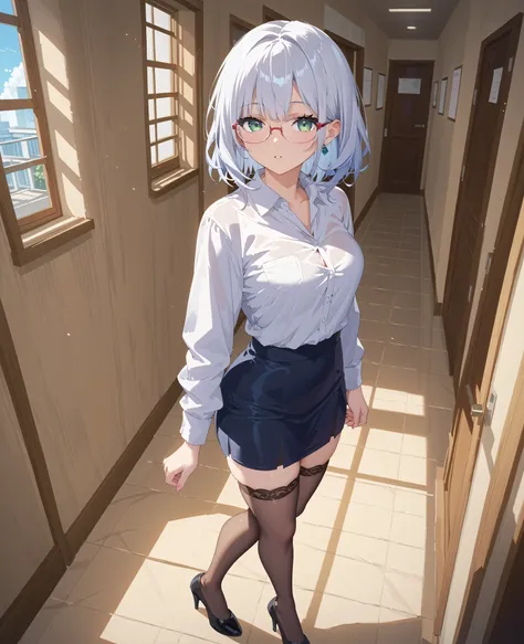 score_9, score_8_up, score_7_up, score_6_up, score_5_up, score_4_up, source_anime, (anime)、school hallway、School teacher、perfect face、Highly Detailed Faces、Highly Detailed Faces、beautiful girl、16k,  sketch、clear skin、1 woman、white hair、medium hair、green ey...