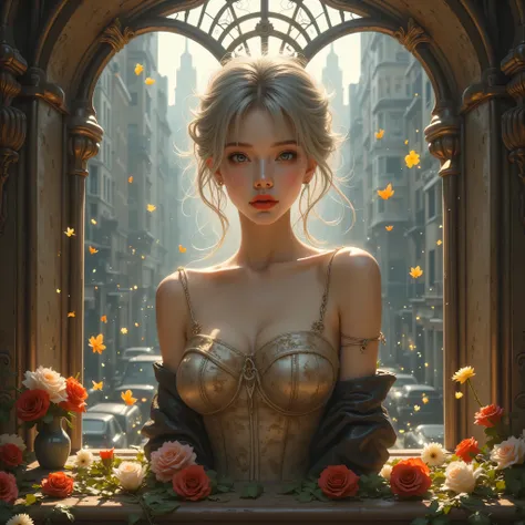 ((Woman standing inside a gift box))、(masterpiece、Highest Quality、steampunk art、sunlight、(Overlooking the area)、Super Detail、written with thigh composition、Magic Rim、Gray Hair、Real queen、 red lips、Super Detail、very detailed、(high contrast:1.11)、wind、great、...