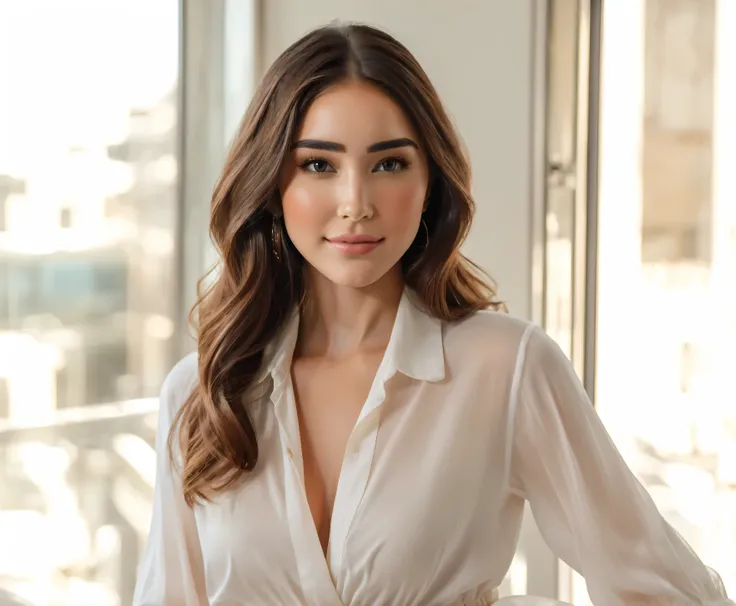SUPER BLACK HAIR, Black hair, Black eyes, Thin eyebrows, super realistic, high quality, arafed woman in a white shirt and black pants posing for a picture, photo of a beautiful woman, very beautiful young woman, young beautiful woman, beautiful female mode...