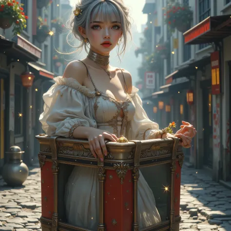 ((Woman standing inside a gift box))、(masterpiece、Highest Quality、steampunk art、sunlight、(Overlooking the area)、Super Detail、written with thigh composition、Magic Rim、Gray Hair、Real queen、 red lips、Super Detail、very detailed、(high contrast:1.11)、wind、great、...