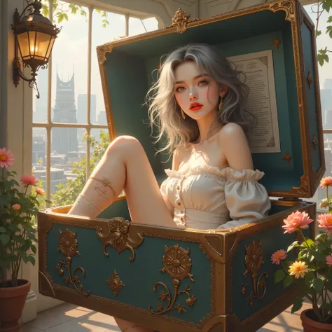 ((Woman standing inside a gift box))、(masterpiece、Highest Quality、steampunk art、sunlight、(Overlooking the area)、Super Detail、written with thigh composition、Magic Rim、Gray Hair、Real queen、 red lips、Super Detail、very detailed、(high contrast:1.11)、wind、great、...