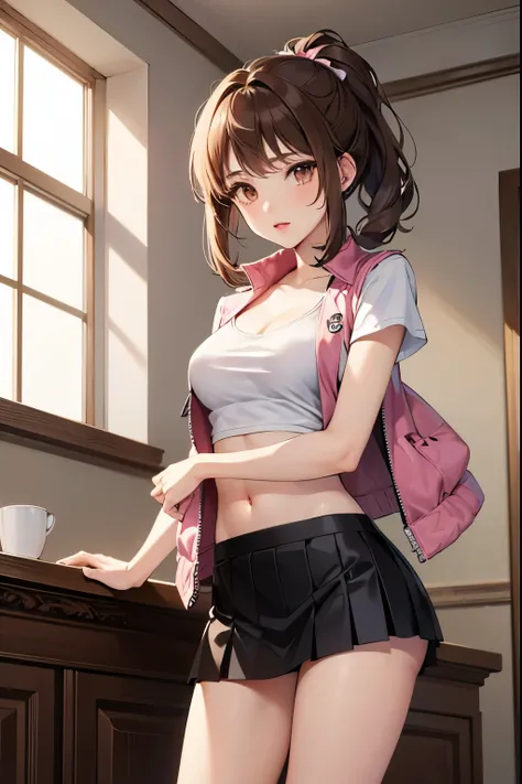 a college girl, 19 year old, short brown hair, brown eyes, detailed face, pink lips, sports top, medium breasts/coffee vest, bare abdomen, short skirts, skirt with lace, room , standing, shy look, (anime style),