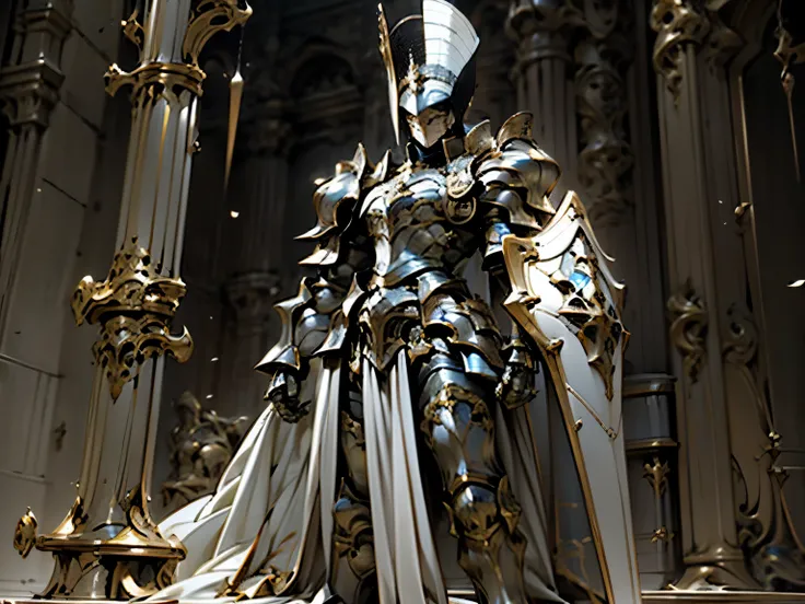 anime character standing in front of castle, gothic armor, full armor, adult male, the style of wlop, white plated armor, wearing heavy armor with gold trim, full face cover, white rook shoulder armor, yellow chesspiece rook design, gold rook helmet, holdi...
