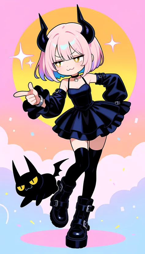 pop art, vivid passion color style, cool punk chibi mix, masterpiece, best quality, high quality, good quality, pastel colors, colorful, masterpice, deformed style , 1girl,solo, huge evil horns,medium hair,light pink hair, ((bob cut)),strong wavy hair ,hai...