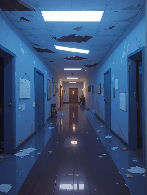 masterpiece,  abandoned school , corridor, plastic and glass doors, boarded up with boards, doors are boarded up with brown boards, Wall clock, Abandonment, ruin, glossy floor tiles 

