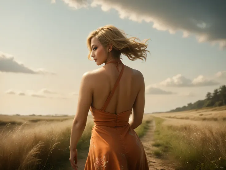 a tiger is chasing a woman，On a deserted prairie，and the wind rolled up the sand and dust，the grass fell down，the tiger shook the sky，Woman looks back，and saw that the beast was within easy reach，