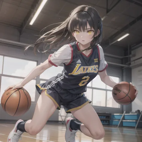 A young female basketball player makes a dynamic jump shot with elegance and control. She holds the ball firmly in both hands, her form showing strong confidence and skill. Her athletic uniform fits her form well, paired with high socks and sneakers in mat...
