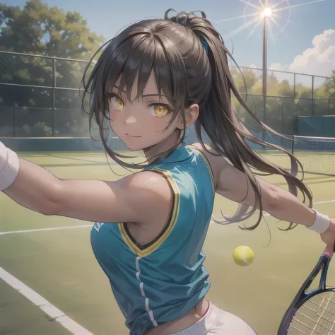 A young female tennis player in a sleek blue outfit stands ready, gripping her racket with both hands in a poised stance. Sunlight accentuates the crisp lines of her attire and the polished strings of the racket. Her determined gaze locks onto an unseen op...