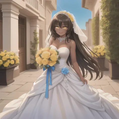 A breathtakingly beautiful 20-year-old woman stands in the courtyard of a luxurious mansion beneath a clear blue sky. She wears a white and blue wedding dress, holding a red bouquet gracefully in front of her chest. Her radiant smile and joyful expression ...