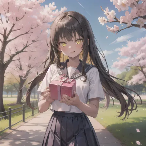 A breathtakingly beautiful 20-year-old woman stands in a lush park filled with cherry blossoms in full bloom beneath a clear blue sky. She wears a classic sailor uniform and gently holds a small, neatly wrapped gift box adorned with a red ribbon. Her radia...