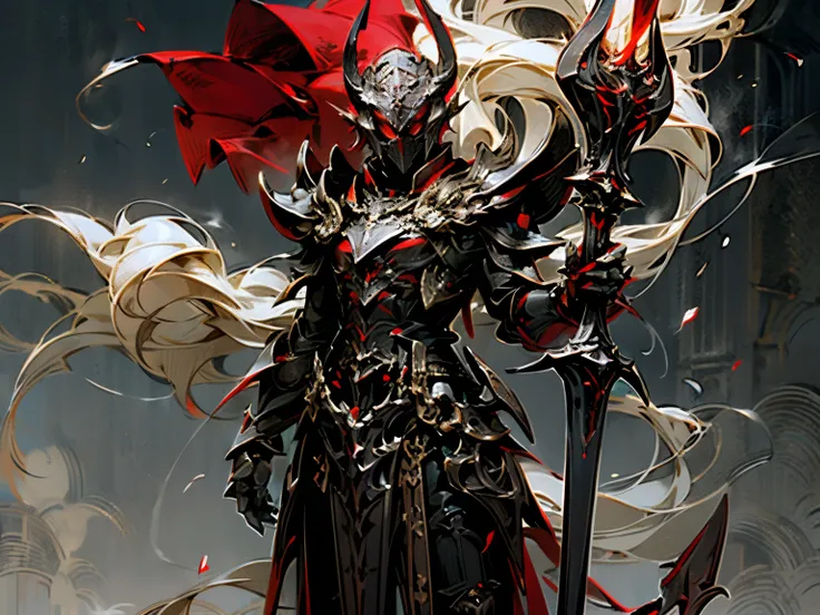 anime character standing in front of demon castle, dark sky, red aura, gothic armor, full armor, demon priest, the style of wlop, black bishop garment, armor with red trim, bishop face cover, bishop armor, sharp red mask, smoke, holding red demon scepter