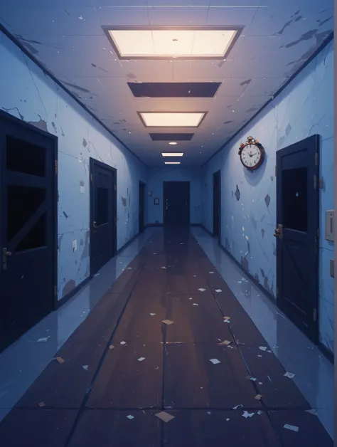 masterpiece,  abandoned school , corridor, plastic and glass doors, boarded up with boards, doors are boarded up with brown boards, Wall clock, Abandonment, ruin, glossy floor tiles 
